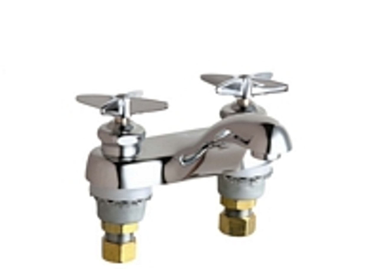Chicago Faucets - 802-633ABCP 4 inch Center Lavatory Faucet with Integral Spout, E12 - 2.2 GPM Pressure Compensating Softflo® Aerator. The faucet also includes 633 - Indexed Cross Handle, Quaturn™ Operating Cartridges Chicago Faucets - 802-633ABCP 4 inch Center Lavatory Faucet with Integral Spout, E12 - 2.2 GPM Pressure Compensating Softflo® Aerator. The faucet also includes 633 - Indexed Cross Handle, Quaturn™ Operating Cartridges