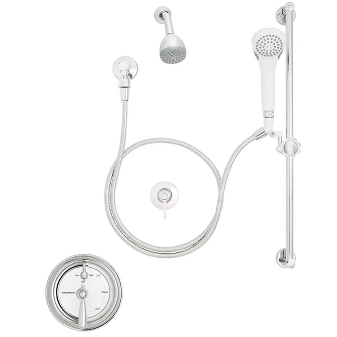 Speakman SM-4461 - Pressure balanced handicap shower combination includes: SM-4401 anti-scald shower valve, VS-100 hand held shower with 69-inch rubber lined stainless steel hose, VS-115 chrome plated brass supply ell with wall flange, VS-117 in-line vac