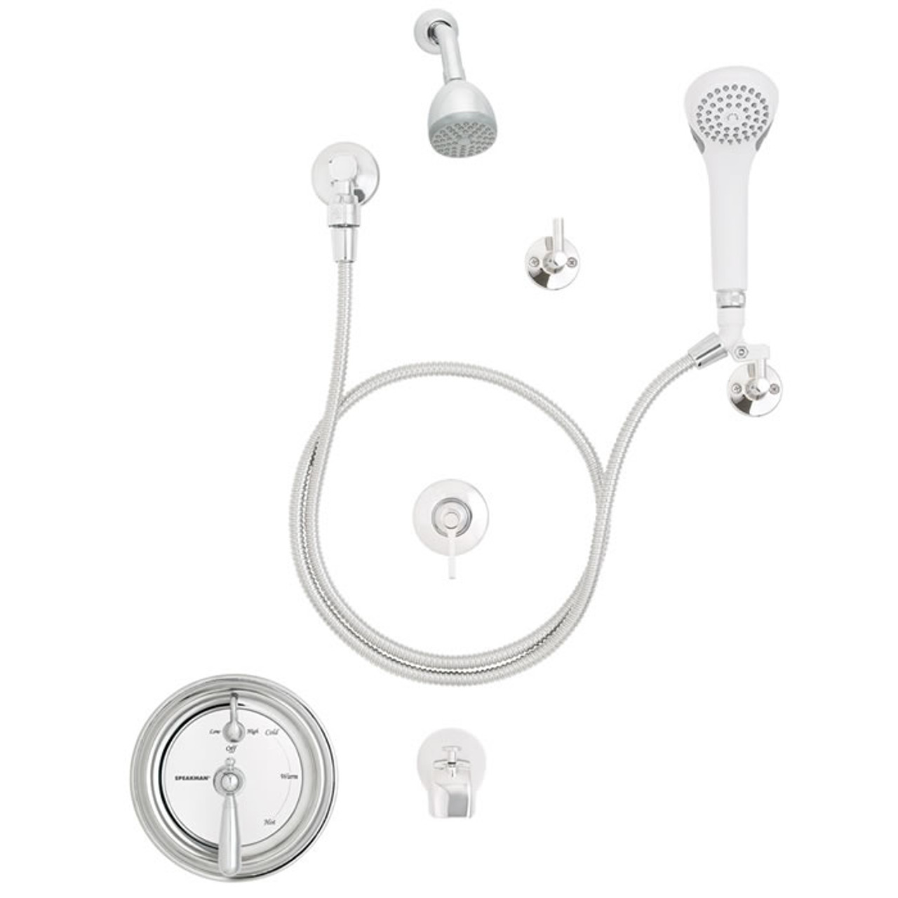 Speakman SM-4471 - Pressure balanced handicap shower combination includes: SM-4401 anti-scald shower valve, VS-100 hand held shower with 69-inch rubber lined stainless steel hose, VS-115 chrome plated brass supply ell with wall flange, VS-117 in-line vac