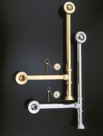 Strom Plumbing P0007E - 1-1/2 inch Diameter Tub Drain for Clawfoot Tubs. The P0007 leg tub drain assembly includes stopper, 16 inch overflow tube and 12 inch drain tube.