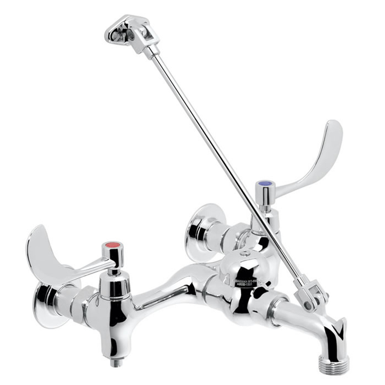Speakman SC-5814 - Polished chrome plated service sink faucet with brass top brace assembly. 1/4 turn ceramic cartridge. Cast brass body and nozzle with 3/4-inch hose thread and pail hook. Brass vacuum breaker. Through the wall installation on 8-inch cen