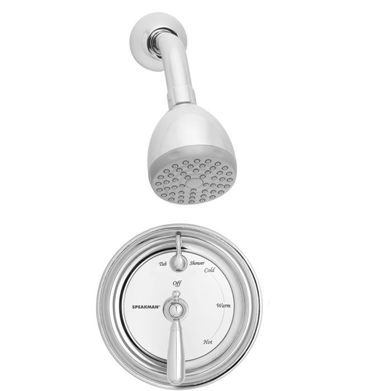 Speakman SM-4411 - SM-4401 anti-scald valve, S-2272-E2 showerhead and S-2500 arm and flange. Replaces SM-4211.  Valve body with integral stops.