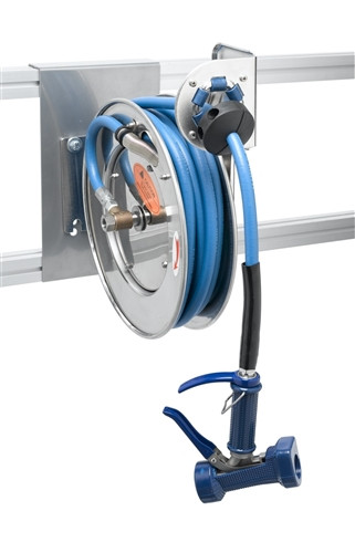 T&S Brass - B-7142-05 - Hose Reel, Open, Stainless Steel, 50'Hose, 3/8-inch ID with Front Trigger Water Gun