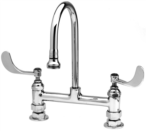 T&S Brass - B-0323-04 - Medical Faucet, Deck Mount, 8-inch Centers, Rigid Gooseneck, 4-inch Wrist Action Handles