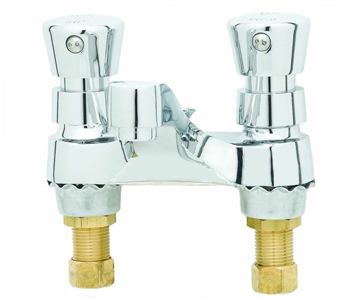 T&S Brass - B-0831-02 - Metering Faucet, Deck Mount, 4-inch Centers, Flow Control Aerator, Push Button Handles