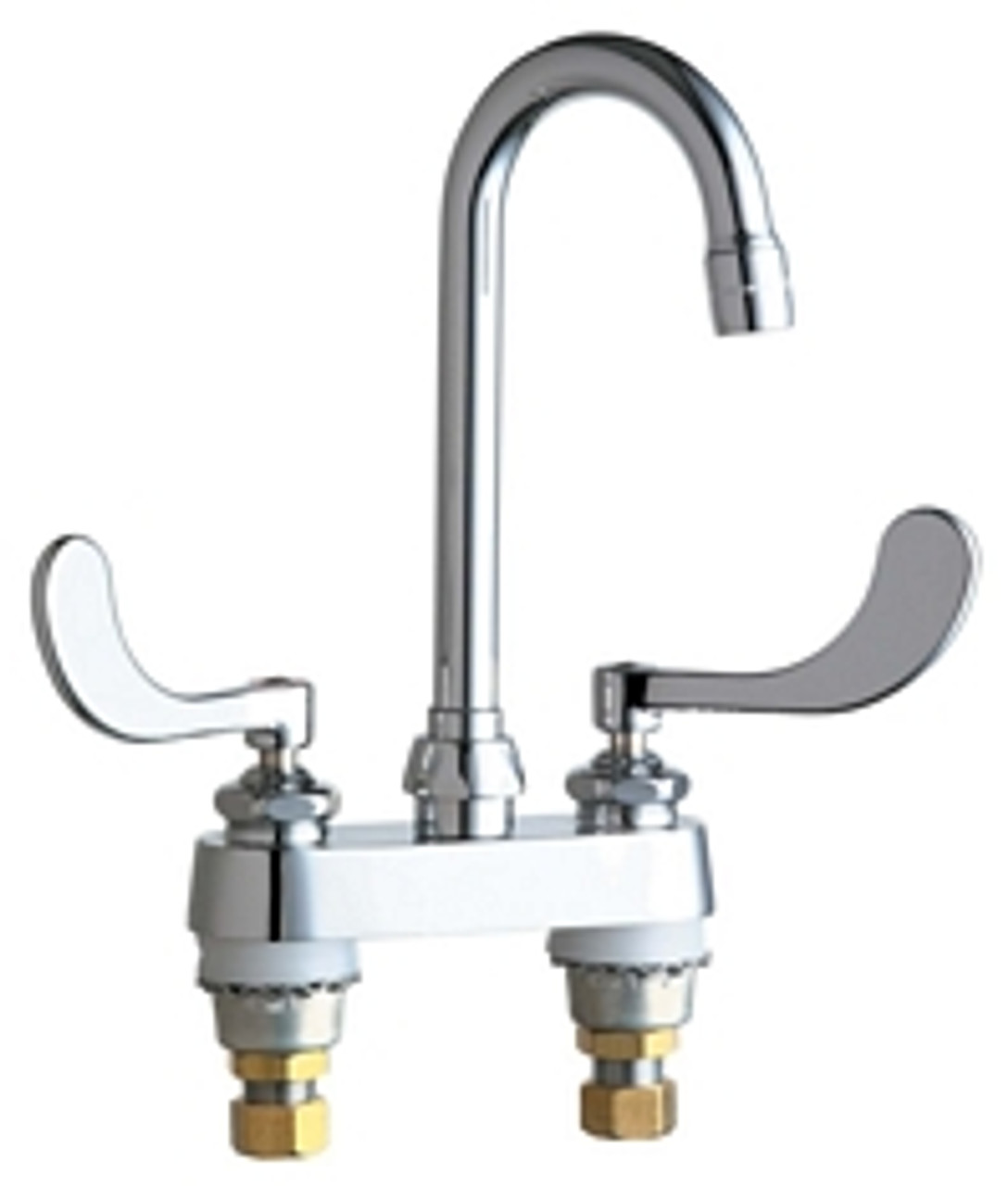 Chicago Faucets 895-317XKABCP 4 inch Center Deck Mounted Sink Faucet with Rigid/Swing Gooseneck Spout, 2.2 GPM Pressure Compensating Softflo? Aerator, Indexed Wristblade Handles and Ceramic Disc Cartridges