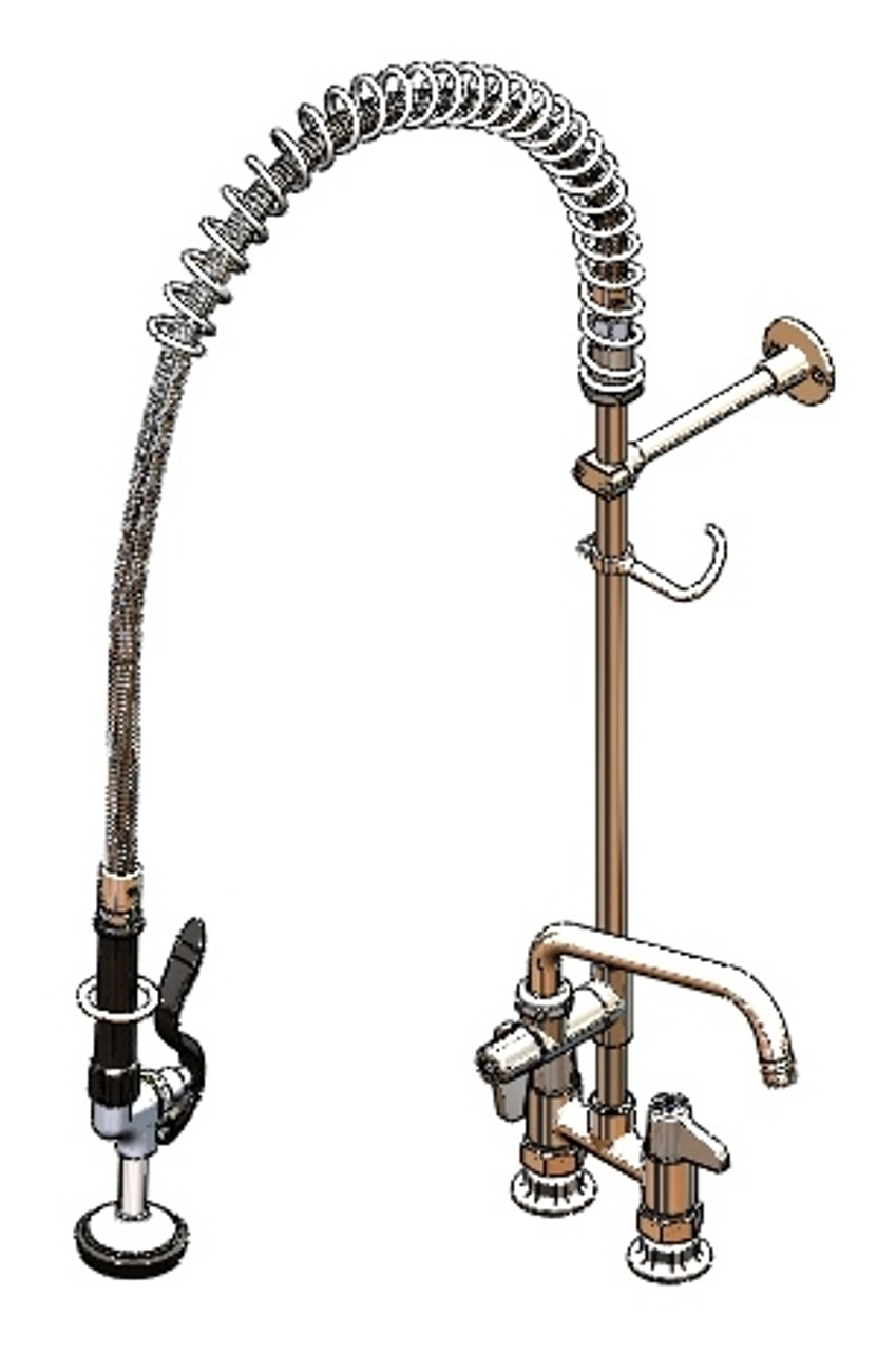 T&S Brass 5PR-4DLS00 Pre-Rinse, 4" Deck Mount Base, Ceramics, Lever Handles, 6" Wall Bracket, Supply Nipple Kit