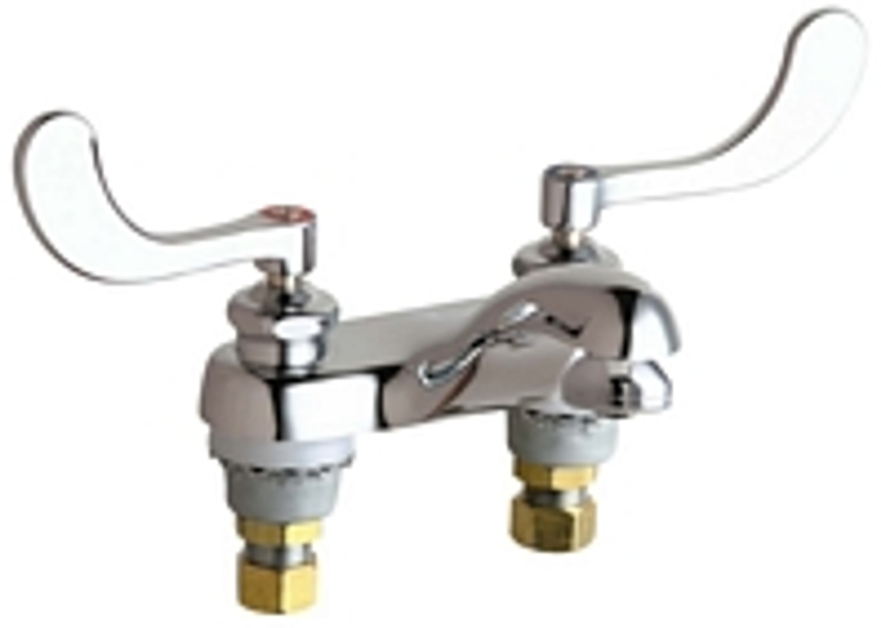 Chicago Faucets - 802-E15-317ABCP 4 inch Center Lavatory Faucet with Integral Spout and E15 - 2.0 GPM Spray Outlet, 317 - Indexed Wristblade Handles with Quaturn™ Operating Cartridges Chicago Faucets - 802-E15-317ABCP 4 inch Center Lavatory Faucet with Integral Spout and E15 - 2.0 GPM Spray Outlet, 317 - Indexed Wristblade Handles with Quaturn™ Operating Cartridges