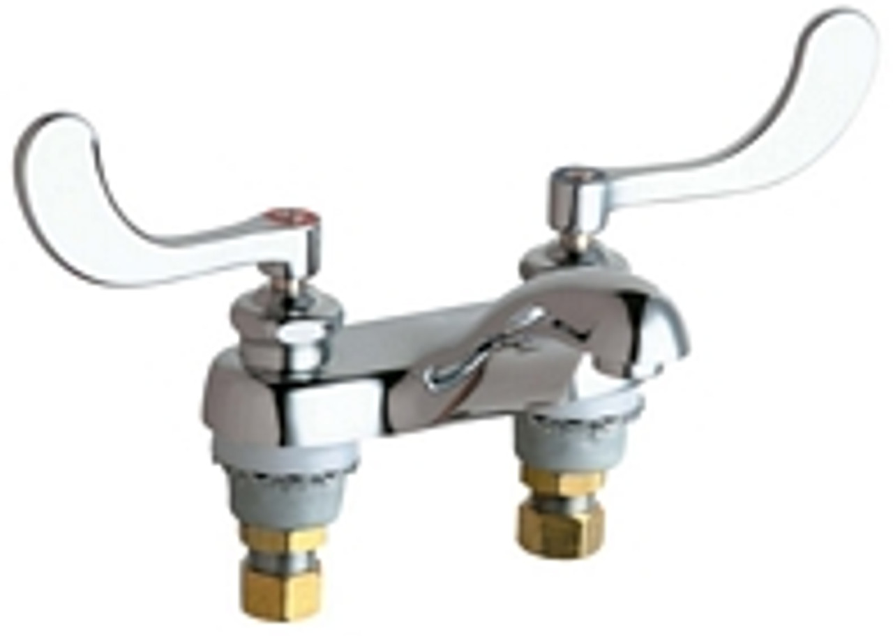 Chicago Faucets - 802-E34-317ABCP 4 inch Center Lavatory Faucet with Integral Spout and E34 - 1.5 GPM Pressure Compensating Softflo® Aerator. The faucet also includes 317 - Indexed Wristblade Handles with Quaturn™ Operating Cartridges