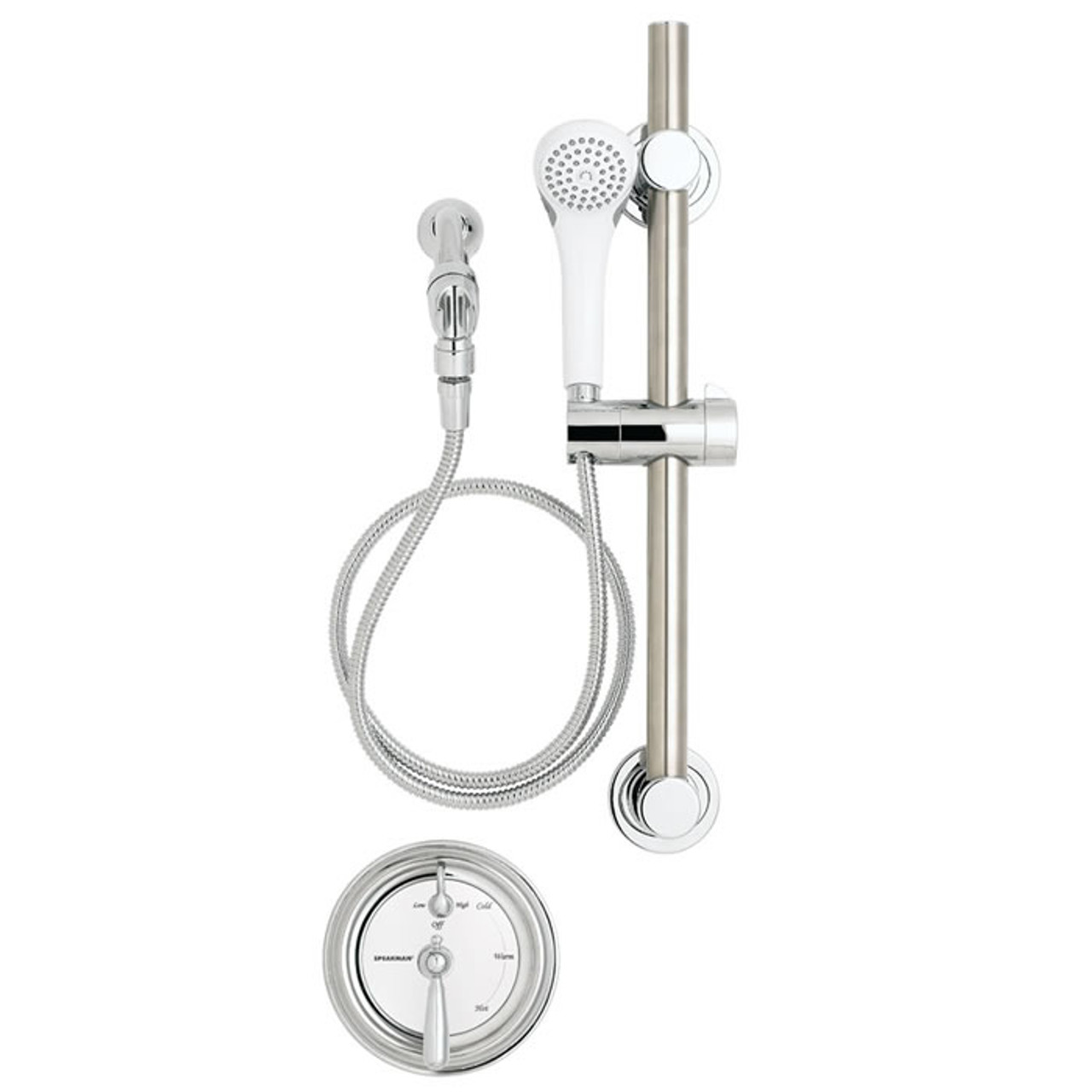 Speakman SM-4481-ADA - Pressure balanced handicap shower combination includes: SM-4401 anti-scald shower valve, VS-1001 hand held shower system and S-2500 arm and flange. Replaces SM-4281-ADA.  Valve body with integral stops.

