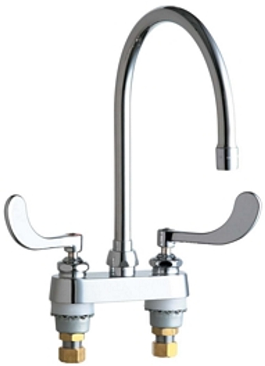 Chicago Faucets 895-317GN8AE3ABCP 4 inch Center Deck Mounted Sink Faucet with large Rigid/Swing Gooseneck Spout, 2.2 GPM Pressure Compensating Softflo? Aerator, Indexed Wristblade Handles and Quaturn? Cartridges