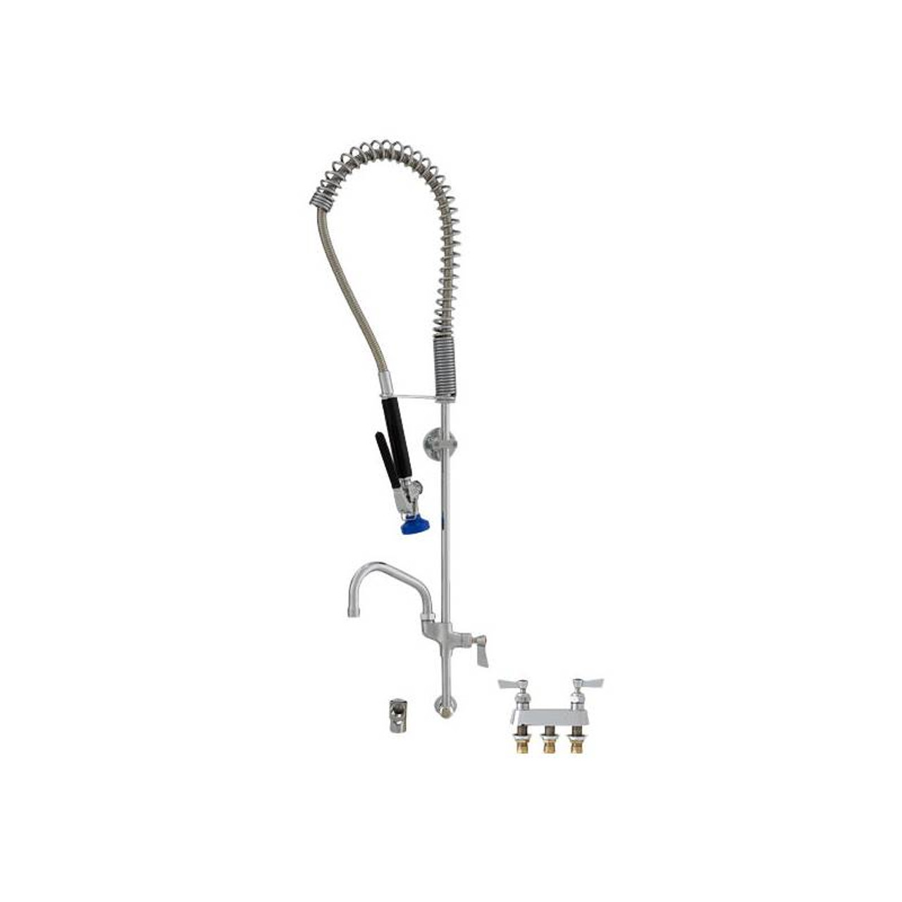 Fisher 32522 - STAINLESS STEEL SPRING PRERINSE WITH BACKSPLASH WITH ELBOW BASE &4-inch REMOTE VALVE, 16-inch RISER, 36-inch HOSE, WALL BRACKET, ULTRA SPRAYVALVE & ADDON FAUCET WITH 8-inch SWING SPOUT
