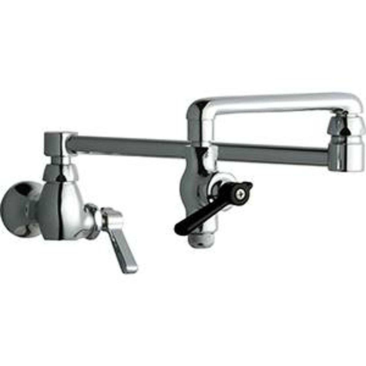 Chicago Faucets - 515-ABCP - Pot & Kettle Filler Faucet features an 18-inch double swing spout with heat resistant front lever for quick shut-off. The 515-ABCP is a commercial pot filler faucet and has a solid brass body with chrome plated finish. Chicago Faucets - 515-ABCP - Pot & Kettle Filler Faucet features an 18-inch double swing spout with heat resistant front lever for quick shut-off. The 515-ABCP is a commercial pot filler faucet and has a solid brass body with chrome plated finish.