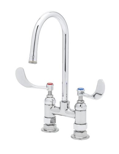 T&S Brass - B-2389 - Double Pantry Faucet, Deck Mount, 4-inch Centers, Rigid Gooseneck, 4-inch Wrist Action Handles