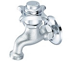 Central Brass 0033-H1/2P - Self Closing, Wall Mounted Faucet Sink Faucet with Plain Cross Handle, Hose Thread Outlet and 1/2-14 NPT female inlet threads.