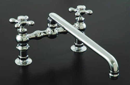 Strom Plumbing - P0831C Bridge Style 8 inch Center Deck Mount Kitchen Faucet with 12 inch Straight Spout and Cross Handles. The P0831C has metal cross handles with porcelain buttons for hot and cold.