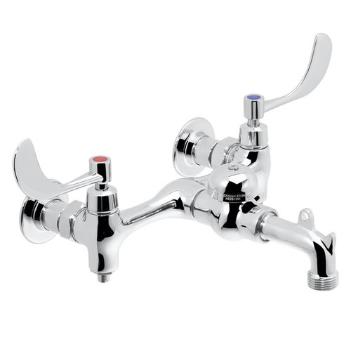 Speakman SC-5834 - Polished chrome plated service sink faucet. 1/4 turn ceramic cartridge. Cast brass body and nozzle with 3/4-inch hose thread and pail hook. Brass vacuum breaker. Through the wall installation on 8-inch centers. Threaded brass wall flan