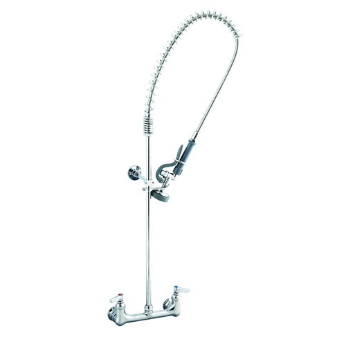 T&S Brass - B-0133-CR-B - 8-inch Center Wall Mounted Easy Install Pre-Rinse Faucet with Ceramic Cartridges and B-0107 Spray Valve - With Wall Bracket
