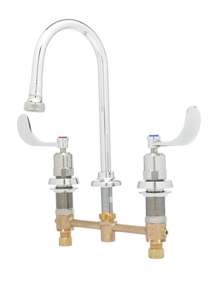 T&S Brass B-2865-04-WA - Medical Faucet, Deck Mount, 8-inch Centers, Metering, Gooseneck W/ Rosespray, 4-inch Wrist Handles