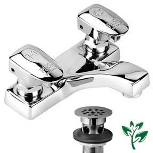 Speakman S-4141 - Polished chrome plated, all brass metering faucet. 4-inch centerset combination. Easy-Push® handle with brass yolk. Concealed cycle adjustment without shutting off water supply. Strainer drain. Non-hammering unit protected by mesh scree