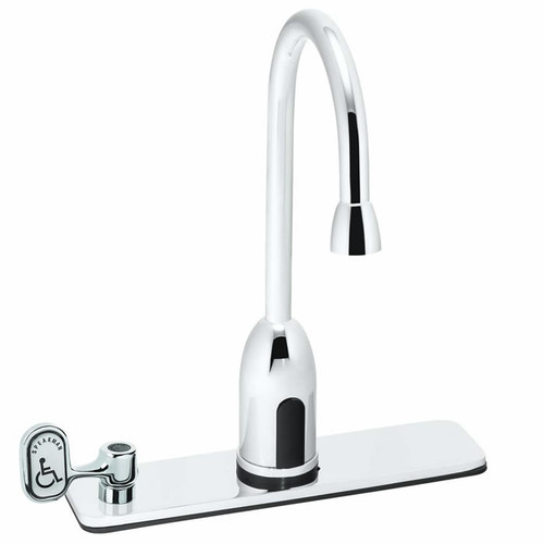 Speakman S-9128 - Battery powered slim gooseneck faucet. Solenoid with built-in filter. Electronics housed above counter. All brass body and spout. Uses two (2) 3-volt lithium batteries. Low battery warning light (10% life remains). 120-second time out f