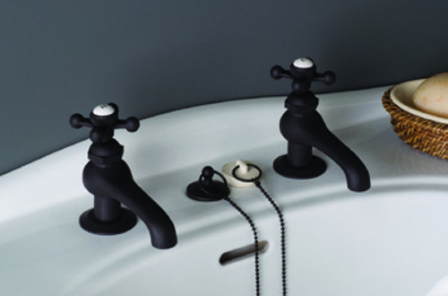 Strom Plumbing - P0012Z Oil Rubbed Bronze Antique Reproduction Individual Basin Faucets with Cross Handles. The P0012 metal cross handles have porcelain buttons for hot and cold. Strom Plumbing - P0012Z Oil Rubbed Bronze Antique Reproduction Individual Basin Faucets with Cross Handles. The P0012 metal cross handles have porcelain buttons for hot and cold.