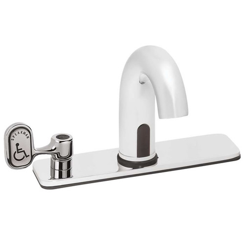 Speakman S-9728 - Battery powered lavatory faucet. Solenoid with built-in filter. Electronics housed above counter. Solid brass body. Uses two (2) 3-volt lithium batteries. Low battery warning light (10% life remains). 60-second time out feature prevents