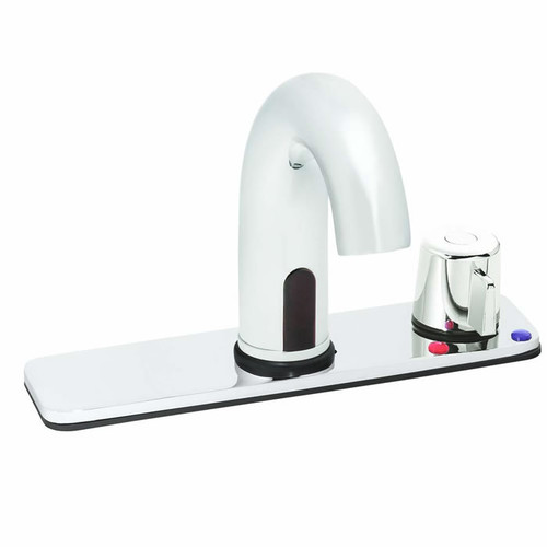 Speakman S-9822 - AC powered/plug-in lavatory faucet. Above-counter hot/cold mixer with built-in check valves, adjustable temperature limit stop. Solenoid with built-in filter. Electronics housed above counter. Solid brass body. 60-second time out featur