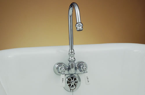 Strom Plumbing P0126C Polished Chrome Gooseneck Leg Tub Faucet with Porcelain Lever Handles, 3-3/8 ich centers.