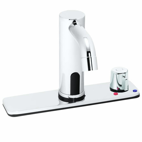 Speakman S-9322 - Battery powered lavatory faucet. Above-counter hot/cold mixer with built-in check valves, adjustable temperature limit stop. Solenoid with built-in filter. Electronics housed above counter. Solid brass body and spout. Uses two (2) 3-vol