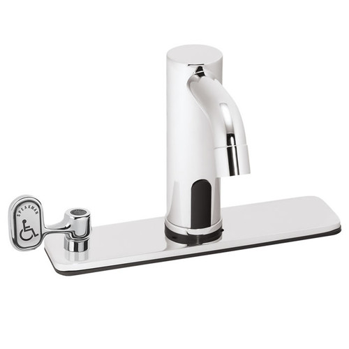 Speakman S-9328 - Battery powered lavatory faucet. Solenoid with built-in filter. Batteries and electronics housed above counter. Solid brass body and spout. Uses two (2) 3-volt lithium batteries. Low battery warning light (10% life remains). 60-second t
