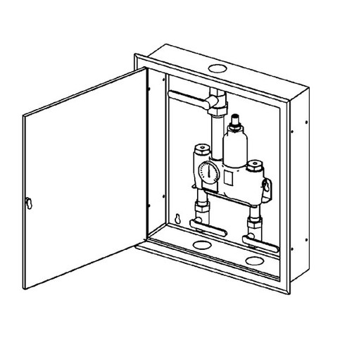 Speakman SE-354 - Dual elements capable of supplying 60 GPM of tepid water. Provides 40 GPM cold water bypass in case of hot water or thermostatic element failure. Unit comes complete w/check valves, ball valves and a surface mounted cabinet.