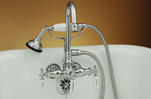 Strom Plumbing P0402 Gooseneck Clawfoot Tub Faucet with Handheld Shower. The P0402 mounts on 3-3/8 inch centers for use with almost any cast iron tub on legs.