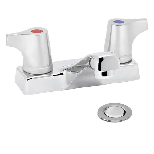 Speakman SC-3078 - Polished chrome plated centerset faucet. 1/4 turn ceramic cartridge. Vandal-resistant handles with color-coded indexes (SC-3072-REV revere handles are not color-coded). Accommodates installations up to 7/8-inch thick. Strainer drain. M