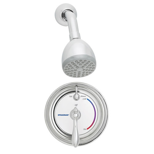 Speakman SM-3410 - SM-3400 anti-scald valve, S-2272-E2 showerhead and S-2500 arm and flange. Valve body with integral stops. Speakman SM-3410 - SM-3400 anti-scald valve, S-2272-E2 showerhead and S-2500 arm and flange. Valve body with integral stops.