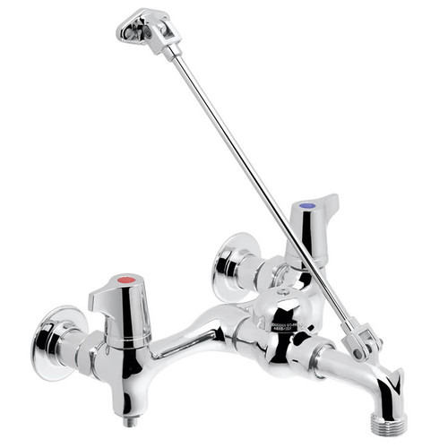 Speakman SC-5818 - Polished chrome plated service sink faucet with brass top brace assembly. 1/4 turn ceramic cartridge. Cast brass body and nozzle with 3/4-inch hose thread and pail hook. Brass vacuum breaker. Through the wall installation on 8-inch cen