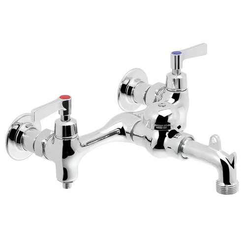 Speakman SC-5832 - Polished chrome plated service sink faucet. 1/4 turn ceramic cartridge. Cast brass body and nozzle with 3/4-inch hose thread and pail hook. Brass vacuum breaker. Through the wall installation on 8-inch centers. Threaded brass wall flan