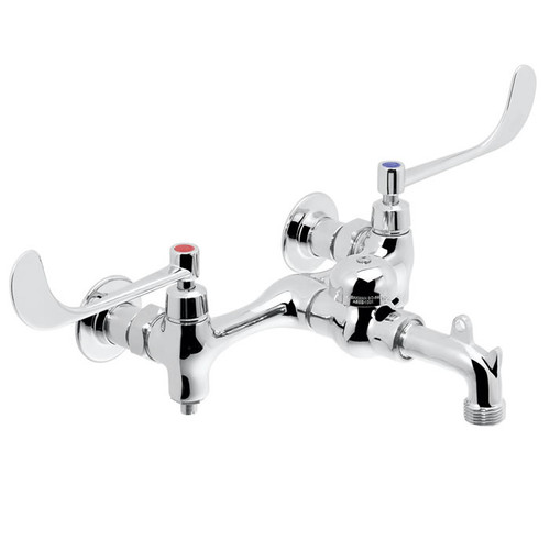 Speakman SC-5836 - Polished chrome plated service sink faucet. 1/4 turn ceramic cartridge. Cast brass body and nozzle with 3/4-inch hose thread and pail hook. Brass vacuum breaker. Through the wall installation on 8-inch centers. Threaded brass wall flan