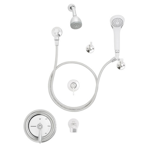 Speakman SM-4070 - SM-4000 anti-scald valve. VS-1000-AF includes hand shower, hose, supply ell, vacuum breaker and mounting post. S-1182 diverter valve. S-2272-E2 showerhead, S-2500 arm and flange. S-1556 diverter tub spout. Two (2) VS-121 wall hooks. Me