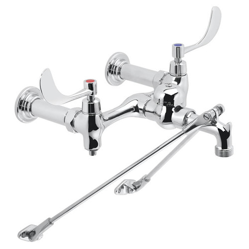 Speakman SC-5854 - Polished chrome plated service sink faucet with brass bottom braces. 1/4 turn ceramic cartridge. Cast brass body and nozzle with 3/4-inch hose thread and pail hook. Brass vacuum breaker. Through the wall installation on 8-inch centers.