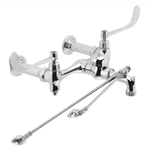 Speakman SC-5856 - Polished chrome plated service sink faucet with brass bottom braces. 1/4 turn ceramic cartridge. Cast brass body and nozzle with 3/4-inch hose thread and pail hook. Brass vacuum breaker. Through the wall installation on 8-inch centers.