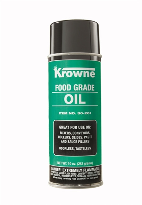 Krowne Food Grade Oil. For use on mixers, conveyors, rollers, and slides.  Non-silicone formula that penetrates to loosen dirt, scale, and corrosion 