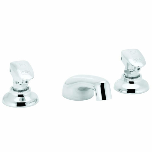 Speakman S-4171-LD - Polished chrome plated, all brass metering faucet. Widespread lavatory combination. Easy-Push® handle with brass yolk. Concealed cycle adjustment without shutting off water supply. No drain assembly. Non-hammering unit protected by m