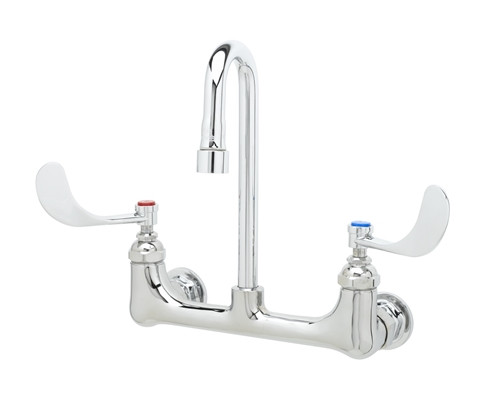 T&S Brass B-2443-F10 - 8-inch Wall Mount Faucet, 1.0 GPM Aerator, Eternas, Rigid Gooseneck, 4-inch Wrist-Action Handles