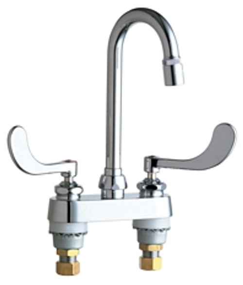 Chicago Faucets 895-317E29ABCP 4 inch Center Deck Mounted Sink Faucet with Rigid/Swing Gooseneck Spout, 2.2 GPM Pressure Compensating Lam-A-Flo? Laminar Flow Outlet, Indexed Wristblade Handles and Quaturn? Cartridges