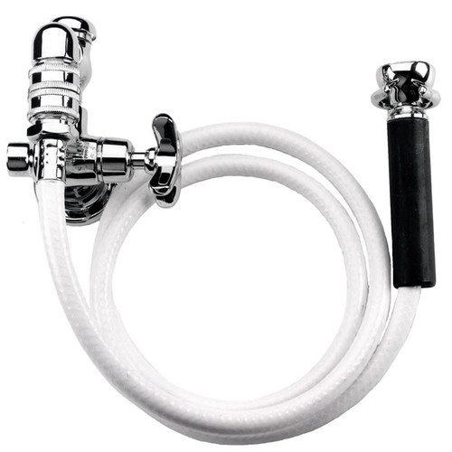 Speakman SC-5912-IS - Chrome plated hose bibb and mop fitting. 1/4 turn ceramic cartridge. Integral stop. Vandal-resistant four arm handle. 3/4-inch threaded hose end nozzle, vacuum breaker and wall flange. Spray outlet with insulated handle. 69-inch whi