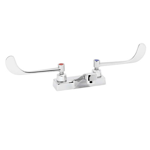 Speakman SC-3076-LD - Polished chrome plated centerset faucet. 1/4 turn ceramic cartridge. Vandal-resistant handles with color-coded indexes (SC-3042-REV-LD revere handles are not color-coded). Accommodates installations up to 7/8-inch thick. No drain as