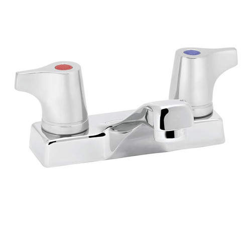 Speakman SC-3078-LD - Polished chrome plated centerset faucet. 1/4 turn ceramic cartridge. Vandal-resistant handles with color-coded indexes (SC-3042-REV-LD revere handles are not color-coded). Accommodates installations up to 7/8-inch thick. No drain as