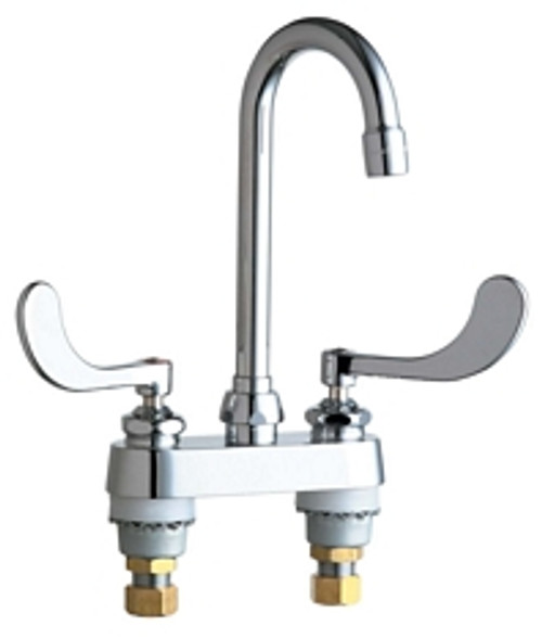 Chicago Faucets 895-E35-317ABCP 4 inch Center Deck Mounted Sink Faucet with Rigid/Swing Gooseneck Spout, E35 1.5 GPM Pressure Compensating Softflo? Aerator, Indexed Wristblade Handles and Quaturn? Cartridges