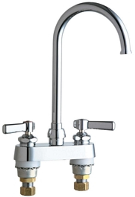 Chicago Faucets 895-GN2FCXKABCP 4 inch Center Deck Mounted Sink Faucet with Rigid/Swing Gooseneck Spout, 1.6 GPM Laminar Flow Control Device in Spout, Indexed Lever Handles and Ceramic Disc Cartridges Chicago Faucets 895-GN2FCXKABCP 4 inch Center Deck Mounted Sink Faucet with Rigid/Swing Gooseneck Spout, 1.6 GPM Laminar Flow Control Device in Spout, Indexed Lever Handles and Ceramic Disc Cartridges